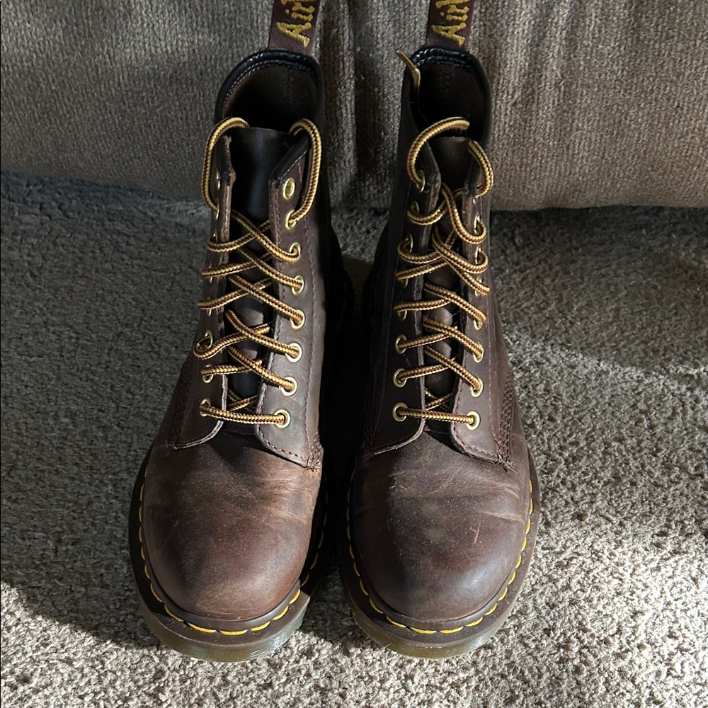 Dr. Martens Dark Brown Leather Boots with Yellow Laces
